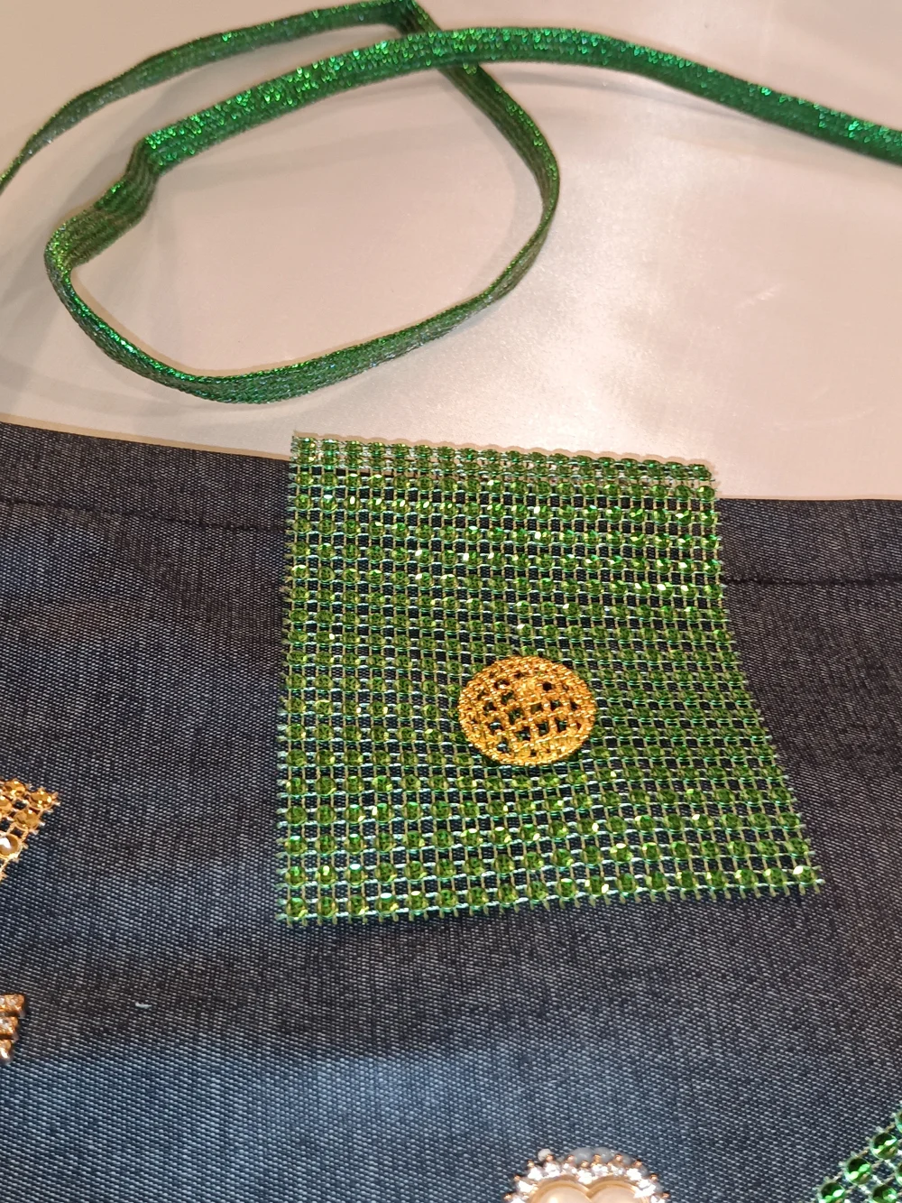 Denim Handbag Multipurpose Green Crystal Bow Accent Crossbody Bag - Unbranded